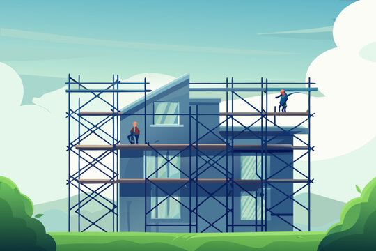 Construction site with scaffolding surrounding hou