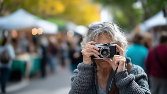 White elderly woman photographing spring street market with vintage camera, candid unposed moment, golden afternoon light glinting off lens