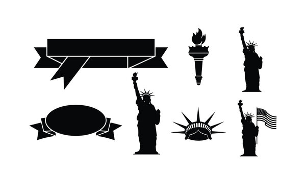 Statue liberty liberty torch ribbon oval silhouette vector illustration elements.
