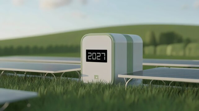 Smart agriculture station in field with 2027 &ndash; Ideal for agritech or sustainable farming.