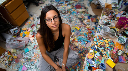 Fototapeta premium Young Latina mosaic artist photographed from above surrounded by colorful tile fragments, creative chaos and order, bright April light from skylight