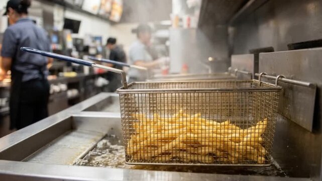 Golden French fries frying in hot oil inside industrial kitchen fryer, showcasing fast food preparation, crispy texture, and commercial restaurant cooking process.