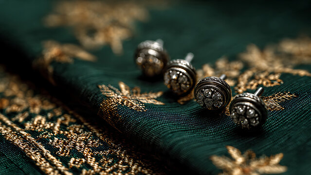 Elegant Silver Baju Melayu Buttons on Traditional Handwoven Songket Fabric