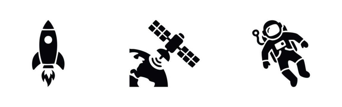 Space exploration icons: rocket, satellite, and astronaut