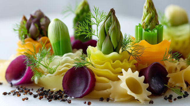 Close-up of creative spring dish built entirely from vegetable scraps and pasta offcuts, sterile white background, clean and intentional food styling