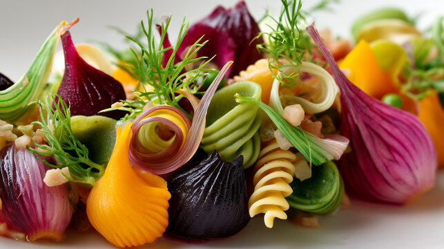 Close-up of creative spring dish built entirely from vegetable scraps and pasta offcuts, sterile white background, clean and intentional food styling