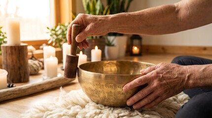 Fototapeta premium Hands Playing Tibetan Singing Bowl in Yoga Studio
