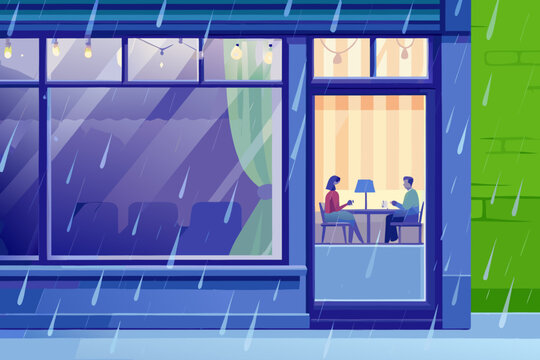 Rainy day caf&eacute; window view with people sitting ins
