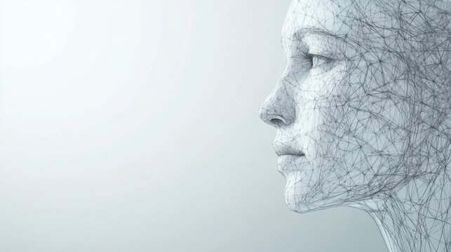 Ambiguous robotic profile highlighting delicate mesh and empathetic design features, Meshbased robot face prototype illustrating ambiguous race and gentle emotional expression for future companionship