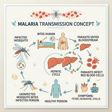 Malaria transmission concept infographic vector illustration showing parasite life cycle from infected mosquito to human symptoms