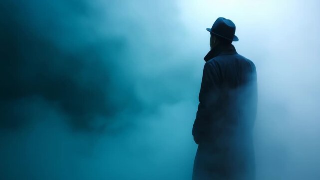 Lone noir figure in dense fog, cinematic man in dark coat and hat, mysterious silhouette in mist, thriller atmosphere, anonymous character background lone figure, noir silhouette