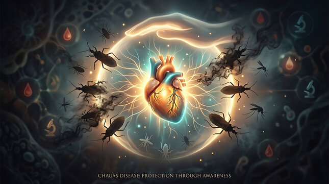 Conceptual Medical Illustration of Human Heart Protected from Chagas Disease Vectors, Triatomine Bugs Surrounding Glowing Heart, Awareness and Prevention of Parasitic Infection,4k