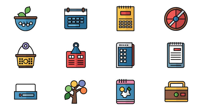 Colorful icons of office supplies.
