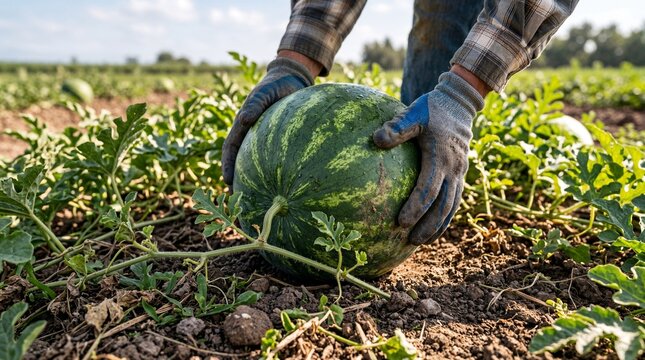Hands harvesting a ripe watermelon in a lush green field on a sunny day.