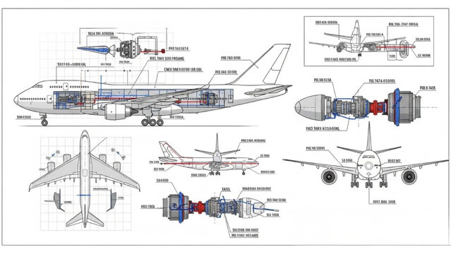 Detailed vector 2D CAD diagrams showcase airplane components and structure