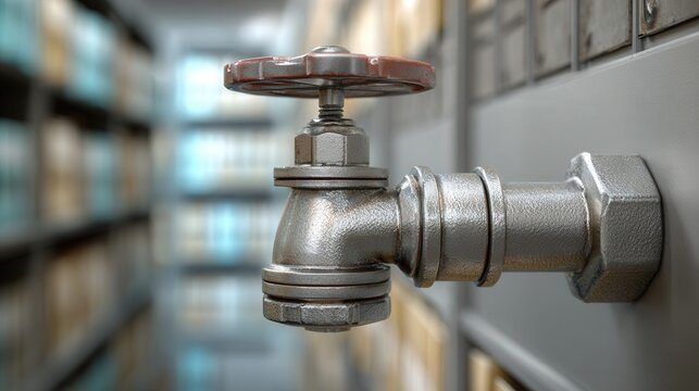 Metal valve attached to pipe in industrial utility room, closeup of worn handle and threaded coupling with blurred storage shelves in background, maintenance technician performing shutoff test