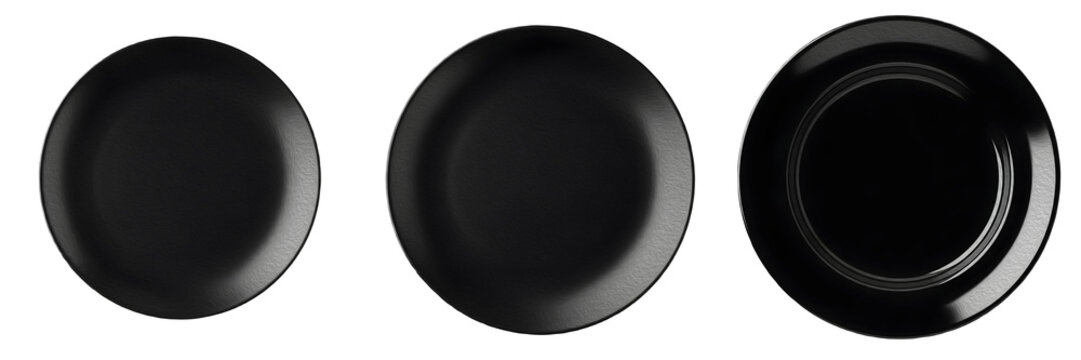 Set of Three Premium Black Ceramic Plates Isolated on White Background. Modern Matte and Glossy Round Dinnerware Top View for Food Styling, Kitchen Decor, and Restaurant Menu.