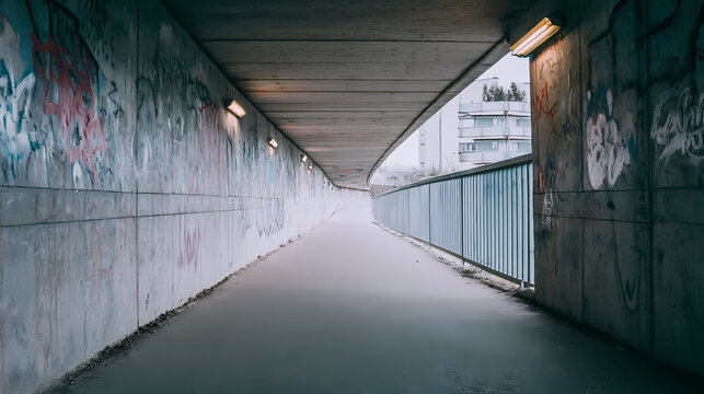 Empty Underpass with Graffiti Walls