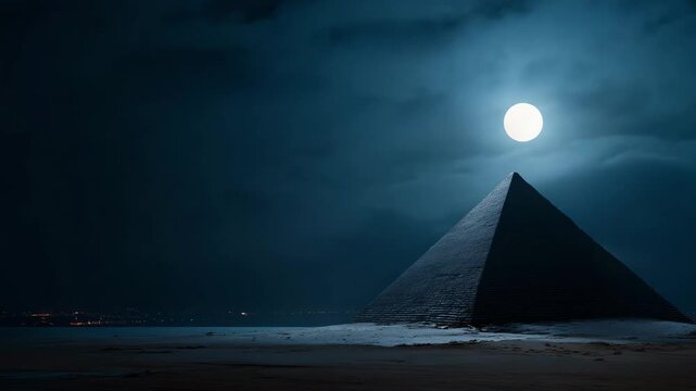 Moonlit pyramid in desert, ancient Egypt at night, glowing full moon above historic monument, mystical archaeology scene, cinematic travel background moonlit pyramid, ancient Egypt