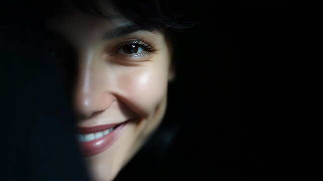 Moody portrait of mysterious dark haired woman, cinematic beauty in low light, sensual dramatic gaze, windblown hair, elegant dark fashion concept mysterious woman, dark hair, cine
