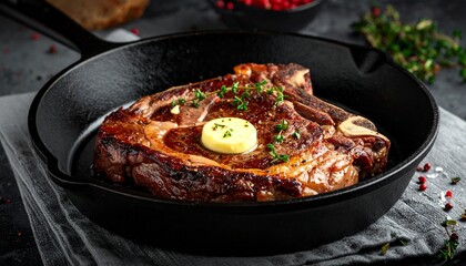 Fototapeta premium Grilled steak ribs sizzling in a cast iron skillet with butter and herbs on a rustic table indoors.