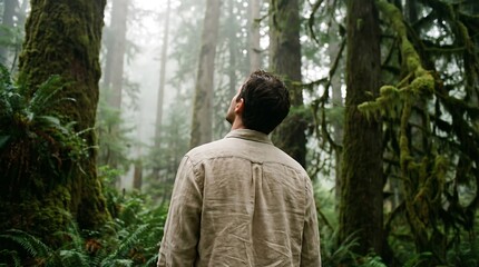 Naklejka premium Back View of Person Standing in Misty Green Forest