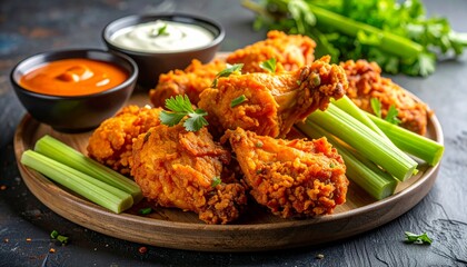 Fototapeta premium Spicy fried chicken wings on a wooden plate with celery sticks and two dipping sauces on a dark table