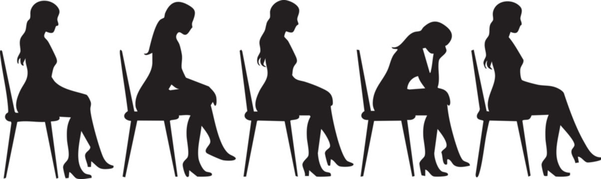 This image features a series of five black silhouettes of women sitting on chairs in various poses, conveying a sense of emotion and mood. The illustration could be used for a variety of commercial pu