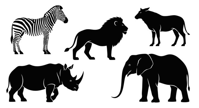 African Wildlife Silhouettes Collection: Zebra, Lion, Rhino, Elephant, Antelope Icons