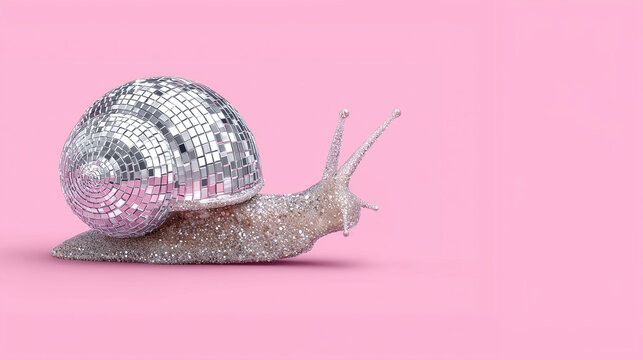 A snail with a shell shaped like a disco ball, standing on a flat pink background surface, creating a playful and surreal concept scene.