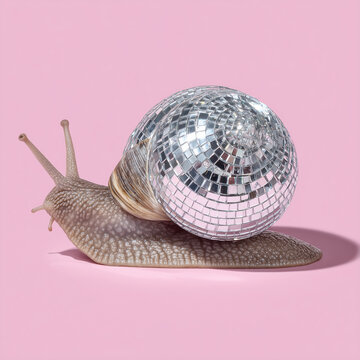 A snail with a shell shaped like a disco ball, standing on a flat pink background surface, creating a playful and surreal concept scene.