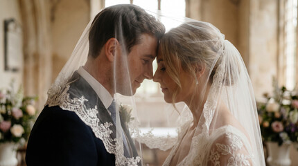 Naklejka premium Intimate wedding couple portrait under veil in soft indoor light