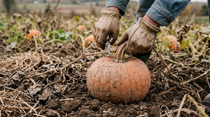 Hands harvesting a pumpkin in a field.