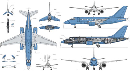 Detailed vector 2D CAD drawings of airplane components and structures © Stock Image Paradise