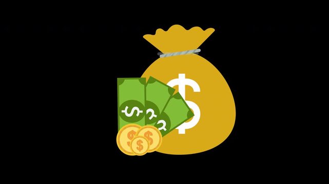 Money Bag with Cash and Coins Financial Animation Loop with Alpha Channel