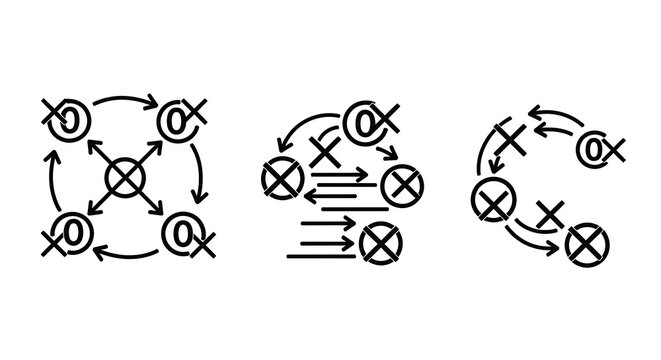 Hand drawn business strategy diagrams and flowcharts showing process cycles, teamwork collaboration, and tactical planning icons isolated on a plain white background