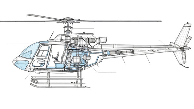Detailed vector 2D CAD illustration of a helicopter's internal mechanics and structure