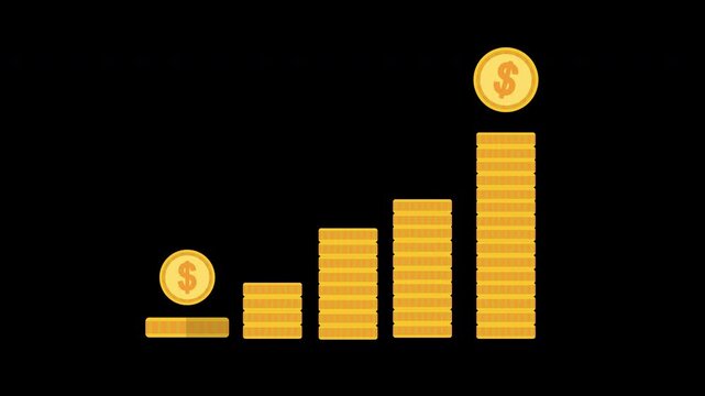 Rising Gold Coin Stack Financial Growth Animation Loop with Alpha Channel