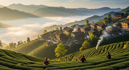 Fototapeta premium Serene Morning Sunlight Over Traditional Terraced Tea Plantations and Rural Mountain Village