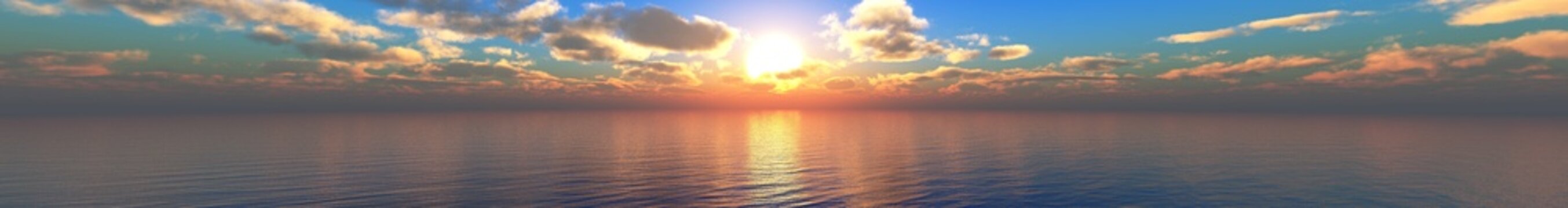 Panorama of sea sunset, ocean sunrise, seascape, 3d rendering
