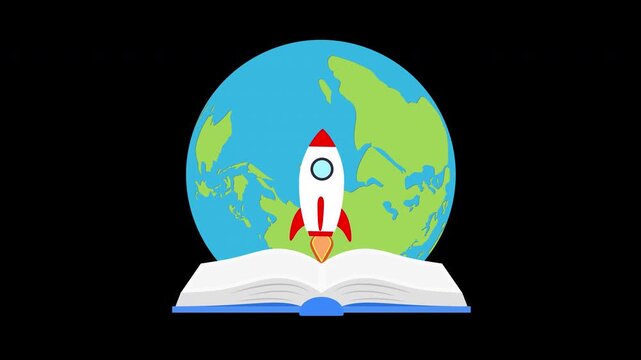 Global Startup Rocket Launch from Open Book Animation Loop with Alpha Channel