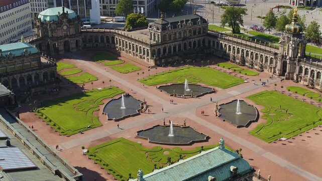 Bird's-eye view of the Dresden Zwinger courtyard, showing the symmetrical Baroque garden with four ponds and path network, adjacent to the historic building.