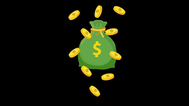 Money Bag with Raining Gold Coins Financial Animation Loop with Alpha Channel