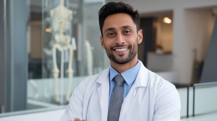Fototapeta premium Professional South Asian male doctor in white coat, smiling confidently in a modern medical center. 