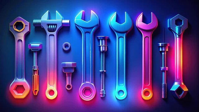 Neon-lit tools, a row of wrenches, bolts, and other hardware