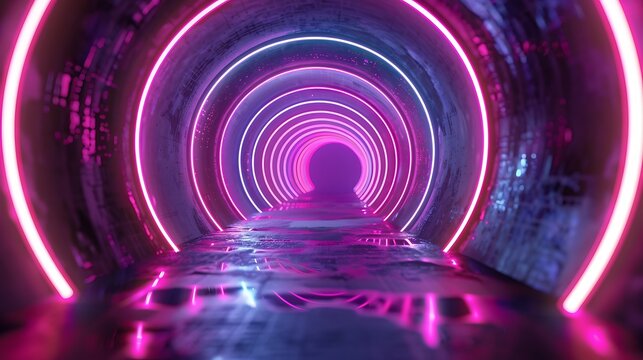 Vibrant Neon Lights Illuminating Futuristic Tunnel with Pink and Purple Hues