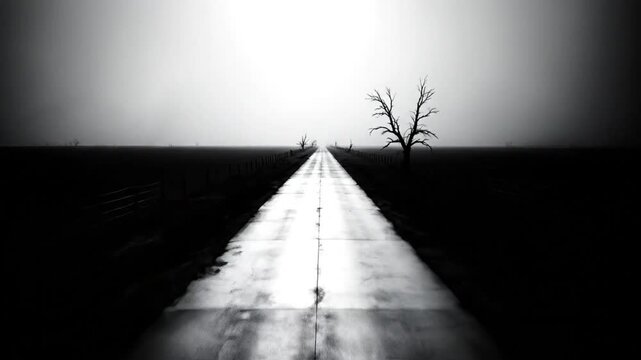 Dramatic perspective of empty road and ominous bare trees on a foggy day, with a feeling of mystery and dread.