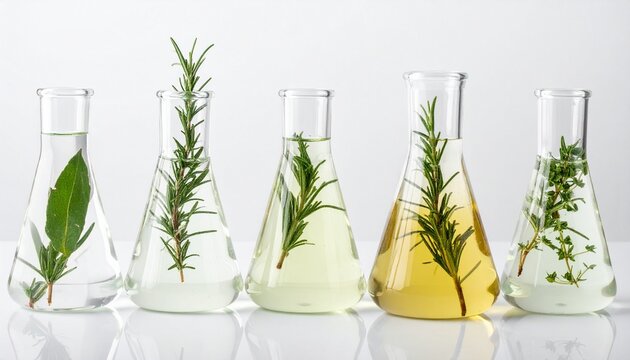 Five glass beakers containing various green plants and herbs in different liquids on a white surface.
