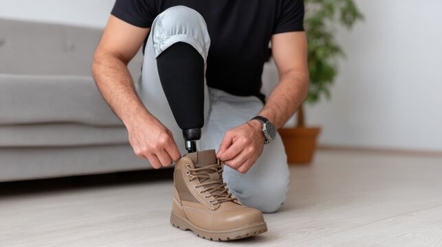 Asian amputee man with transfemoral prosthesis adjusting footwear at home, focused close-up. 