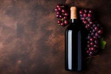 Fototapeta premium Wine bottle resting with fresh red grapes and leaves on a dark brown surface
